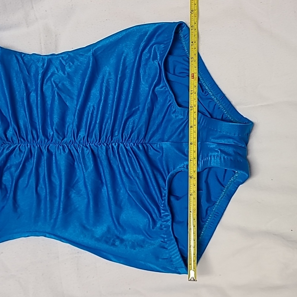 1980s Maxine of Hollywood Turquoise Blue One Piece Ruched Swimsuit Sz 14 - Picture 12 of 13